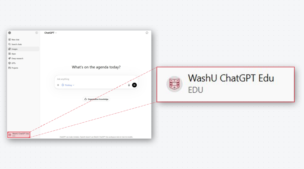 ChatGPT home screen. In the lower left corner, "WashU ChatGPT Edu" is highlighted.