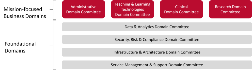 Mission-focused Business Domains: Administrative Domain Committee, Teaching & Learning Technologies Domain Committee, Clinical Domain Committee, Research Domain Committee. 
Foundational Domains: Data & Analytics Domain Committee, Security, Risk & Compliance Domain Committee; Infrastructure & Architecture Domain Committee; Service Management & Support Domain Committee.