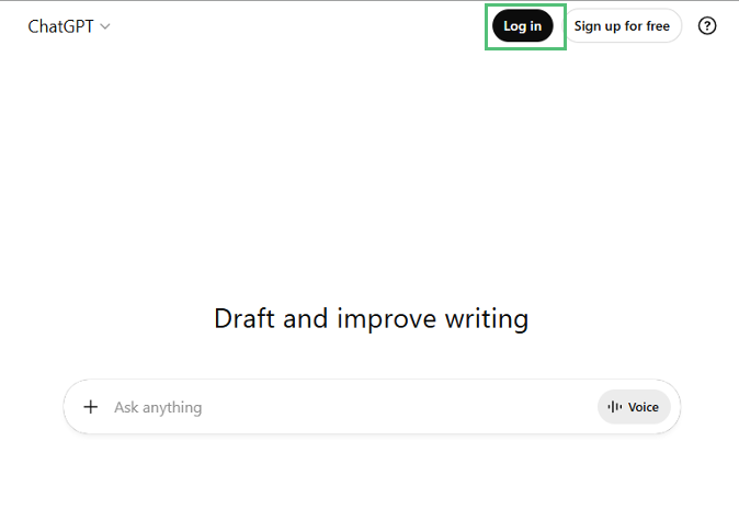 ChatGPT homepage with "LogIn" in the top right area highlighted.